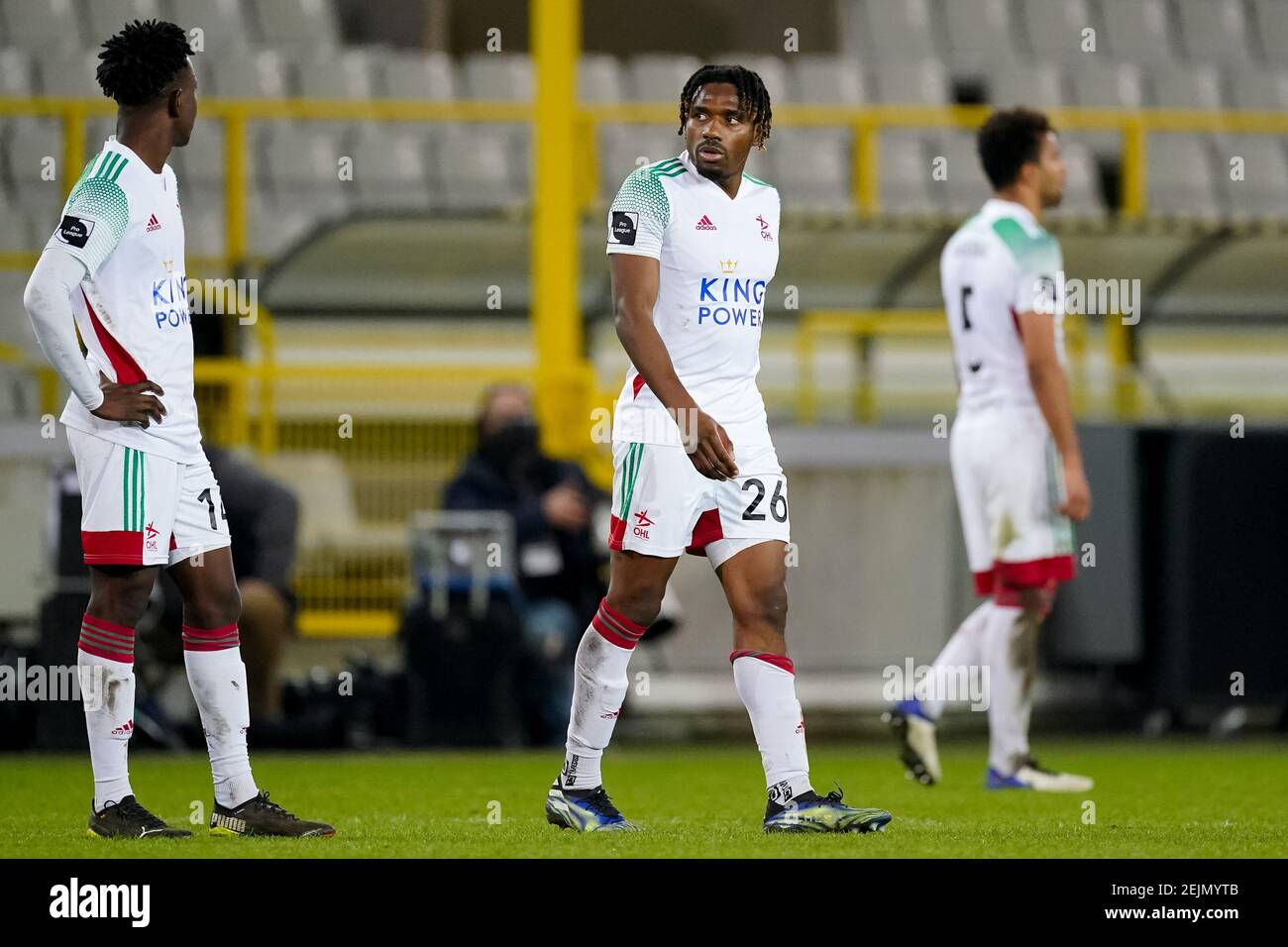 BRUGES, BELGIUM - FEBRUARY 22: Kamal Sowah of OH Leuven and Joshua Eppiah of OH Leuven look dejected during the Jupiler Pro League match between Club Stock Photo