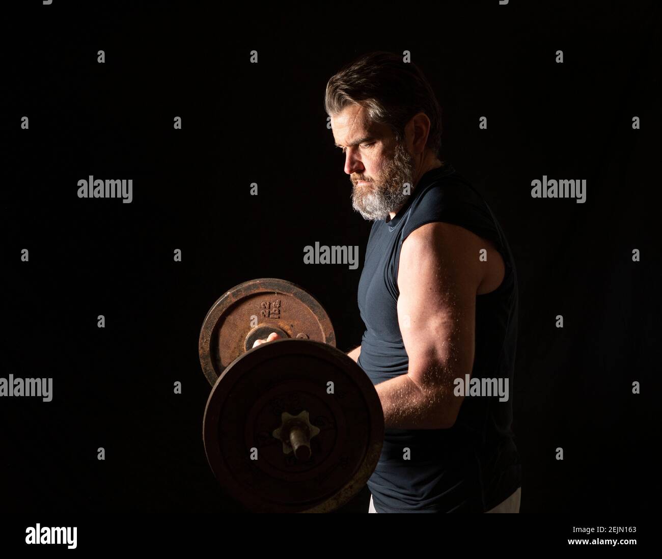 Strong, active, middle aged man with gray beard lifting heavy weights in studio setting. Stock Photo