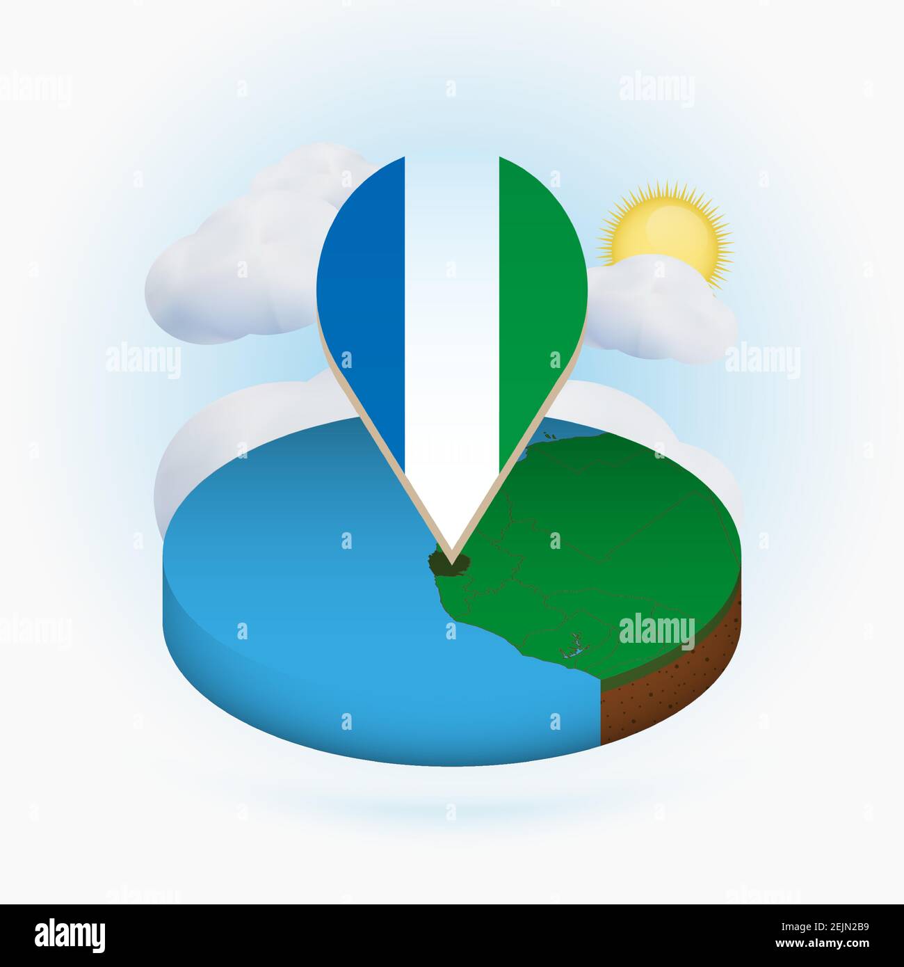 Isometric round map of Sierra Leone and point marker with flag of ...