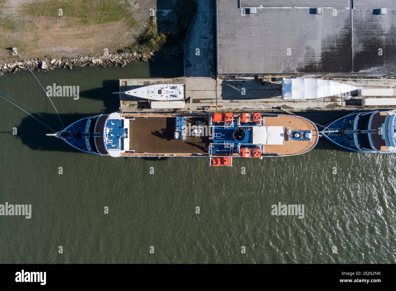 Aerial view of small cruise ships in port in Beaufort, South Carolina