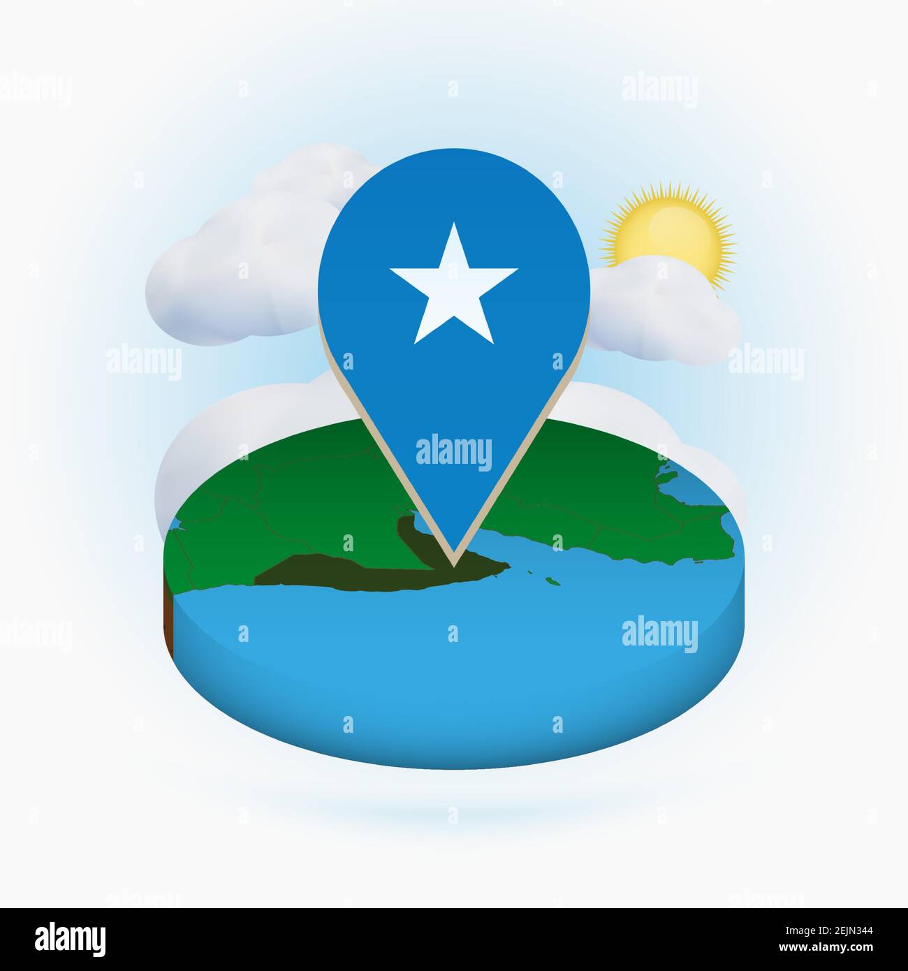 Isometric round map of Somalia and point marker with flag of Somalia. Cloud and sun on background. Isometric vector illustration. Stock Vector