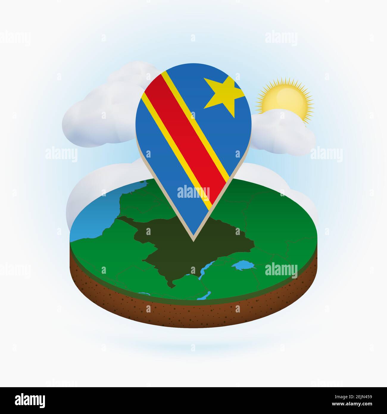 Isometric round map of DR Congo and point marker with flag of DR Congo ...