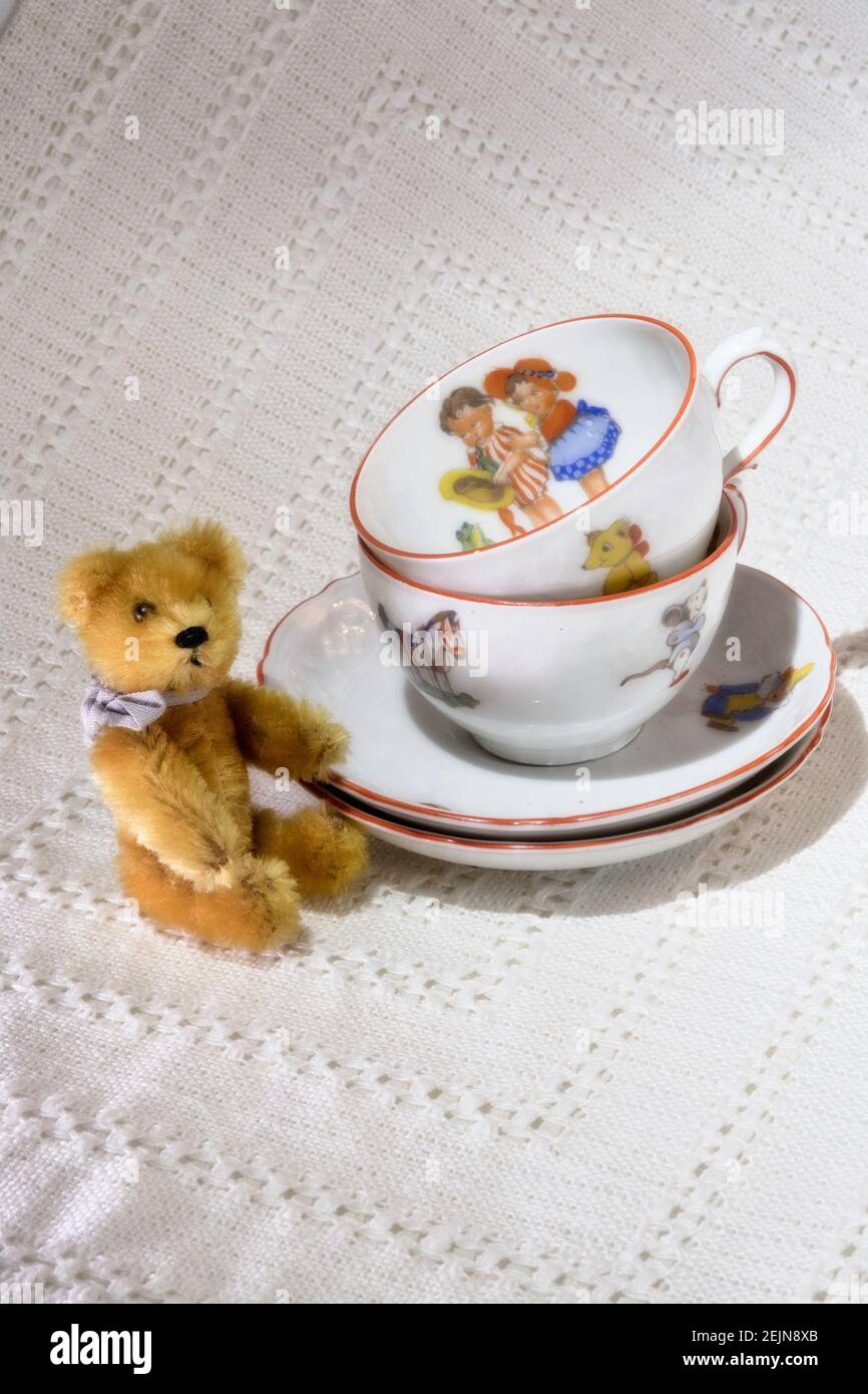 Vintage Child's Tea Set miniature stuffed bear Stock Photo