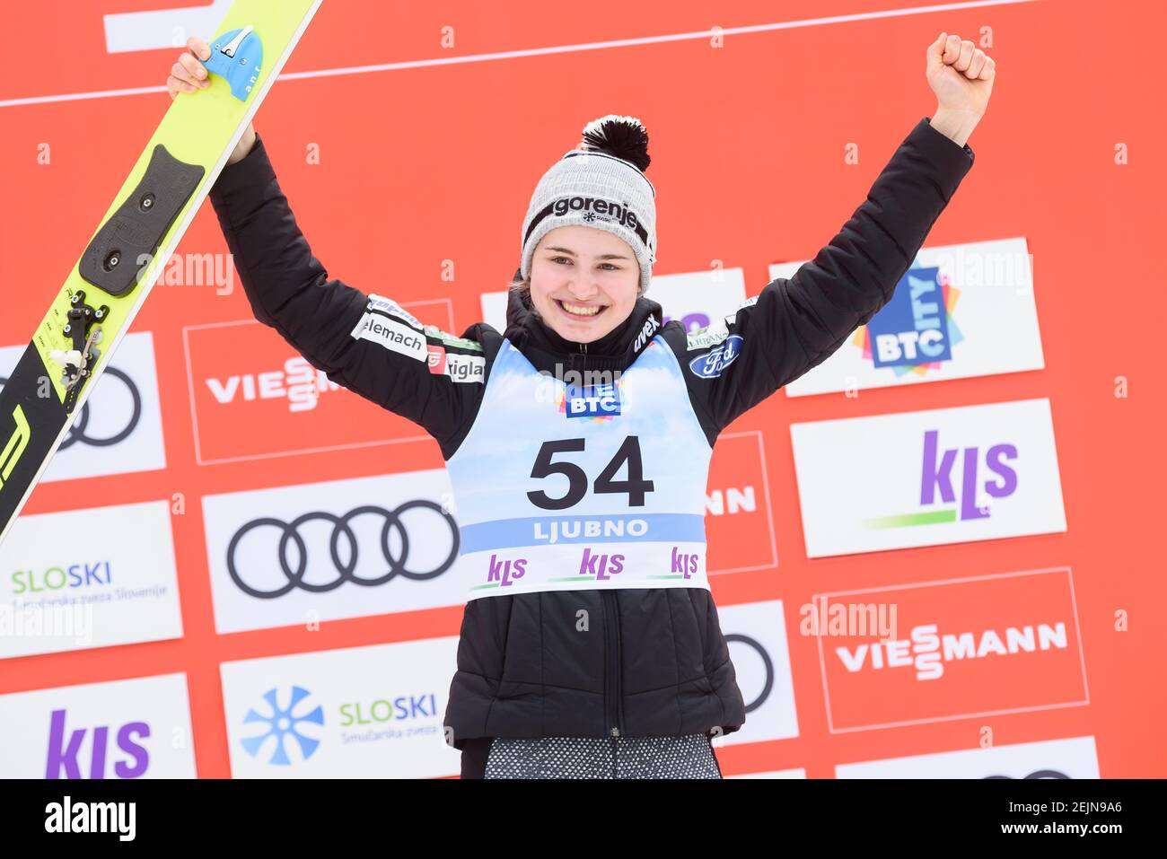 Nika Kriznar of Slovenia celebrates her third place at the FIS Ski Jumping  World Cup Ljubno 2020 February 23, 2020 in Ljubno, Slovenia. (Photo by Rok  Rakun/Pacific Press/Sipa USA Stock Photo - Alamy