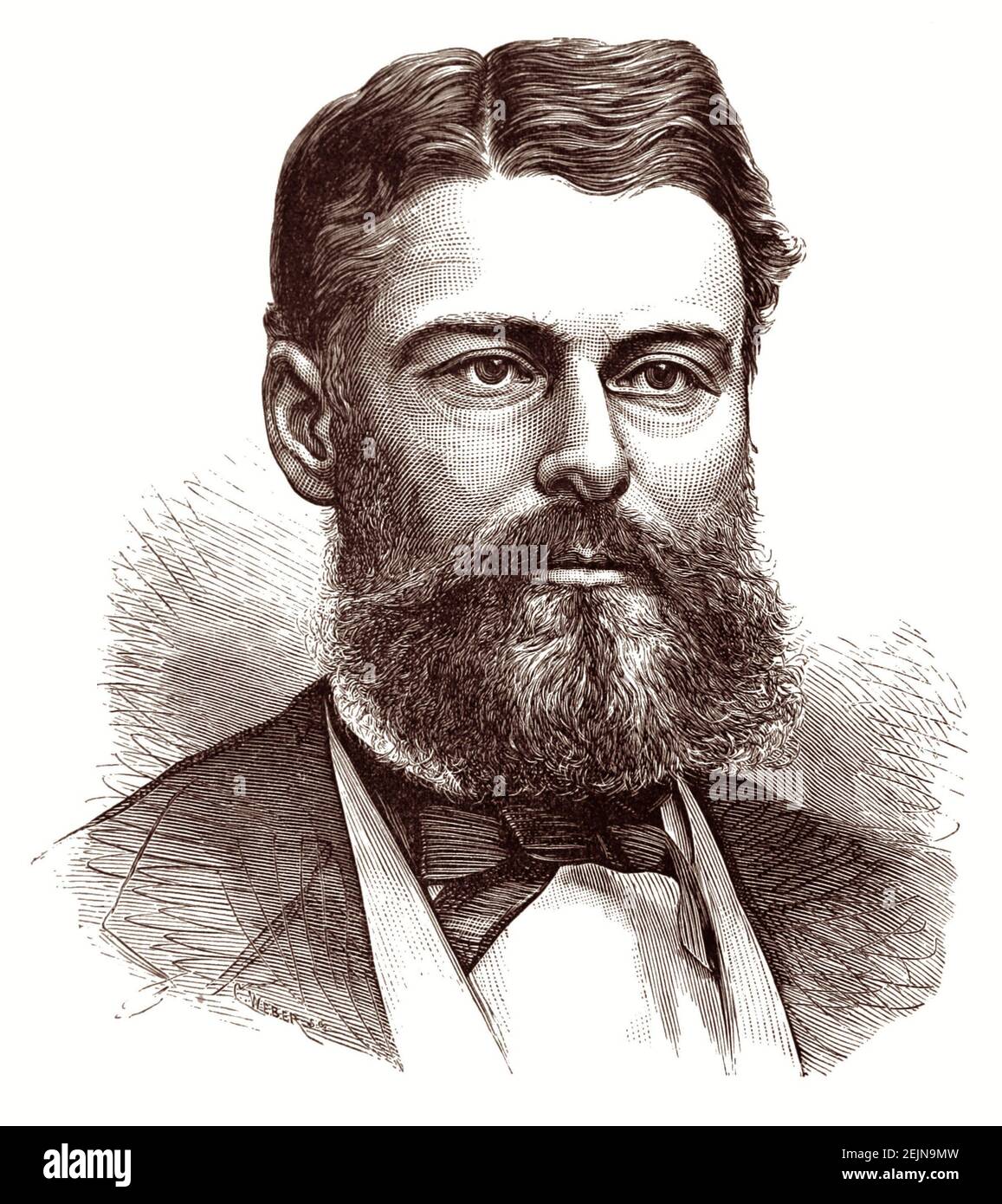 Engraving of Edward Drinker Cope (1840–1897), American paleontologist, zoologist, and herpetologist. Cope is perhaps best remembered for a personal feud with paleontologist Othniel Charles Marsh which led to a period of intense fossil-finding competition now known as the Bone Wars. Stock Photo