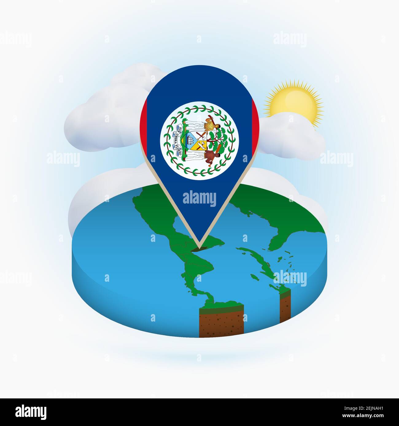 Isometric round map of Belize and point marker with flag of Belize ...