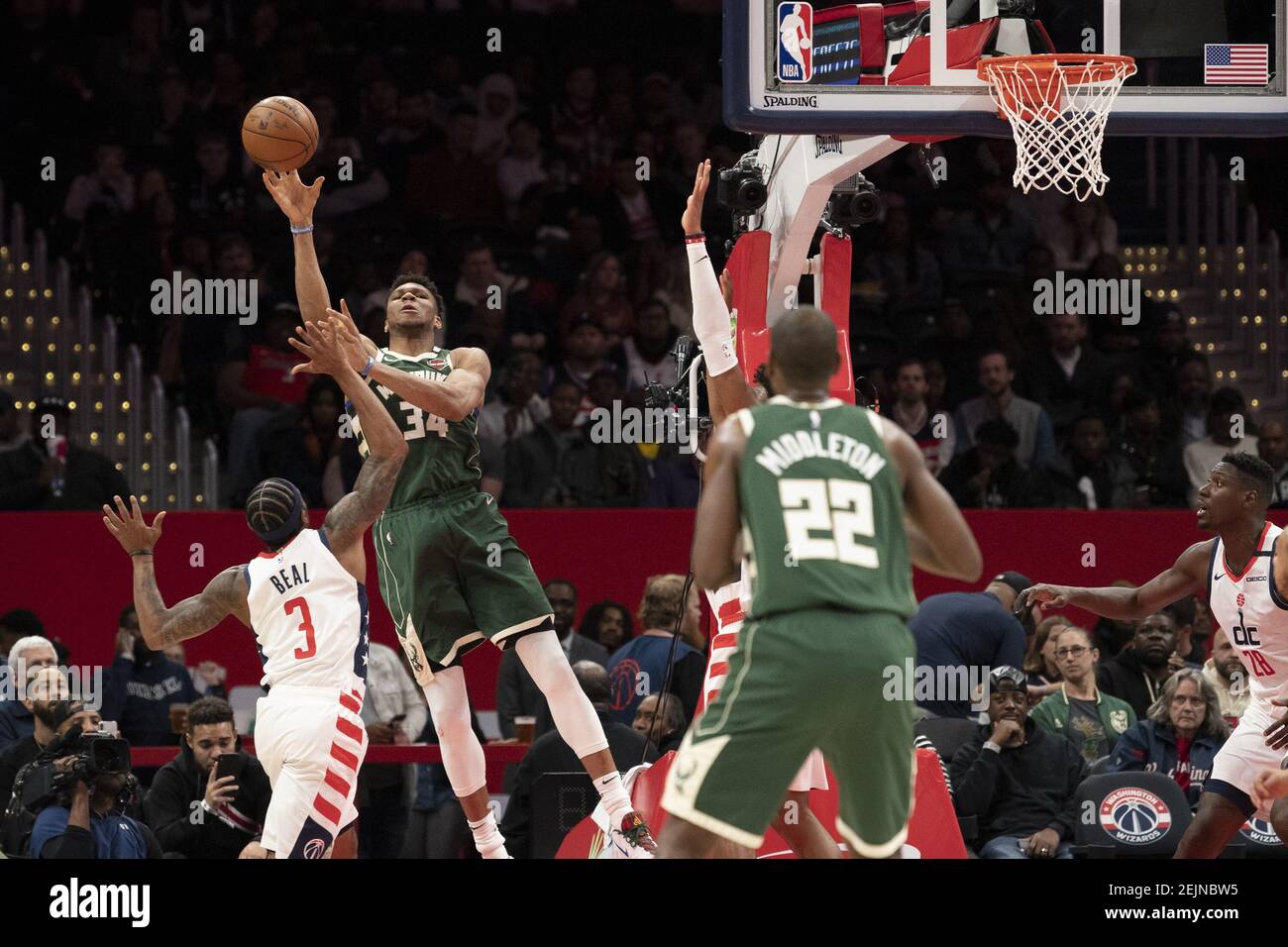 Feb 24 Washington District Of Columbia Usa Milwaukee Bucks Forward Giannis Antetokounmpo 34 Passes As Washington Wizards Guard Bradley Beal 3 Defends During The First Half At Capital One Arena Mandatory