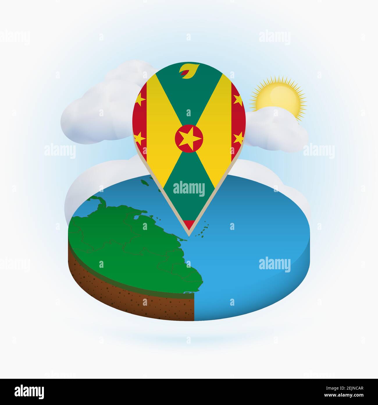 Isometric round map of Grenada and point marker with flag of Grenada. Cloud and sun on background. Isometric vector illustration. Stock Vector