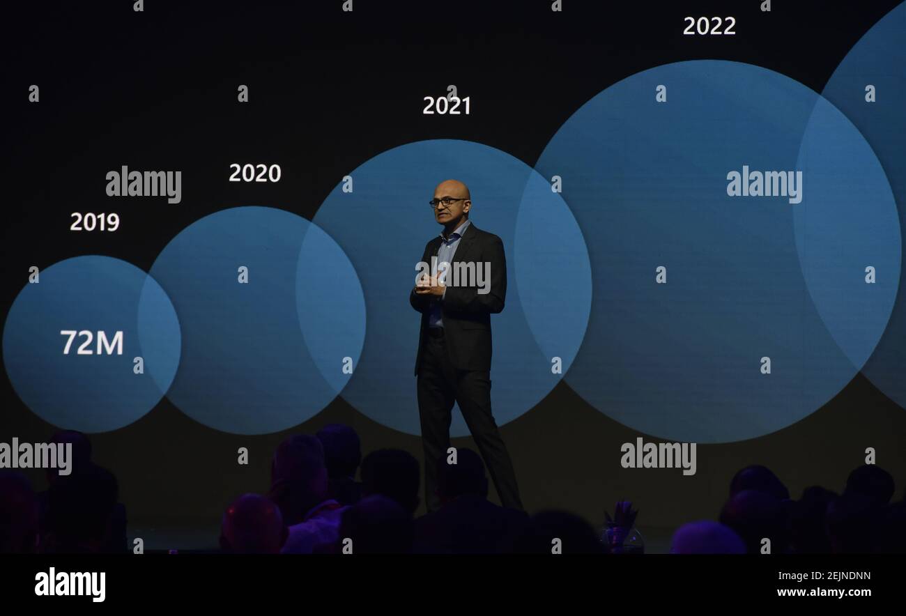 MUMBAI, INDIA - FEBRUARY 24: Microsoft CEO Satya Nadella addresses the ...