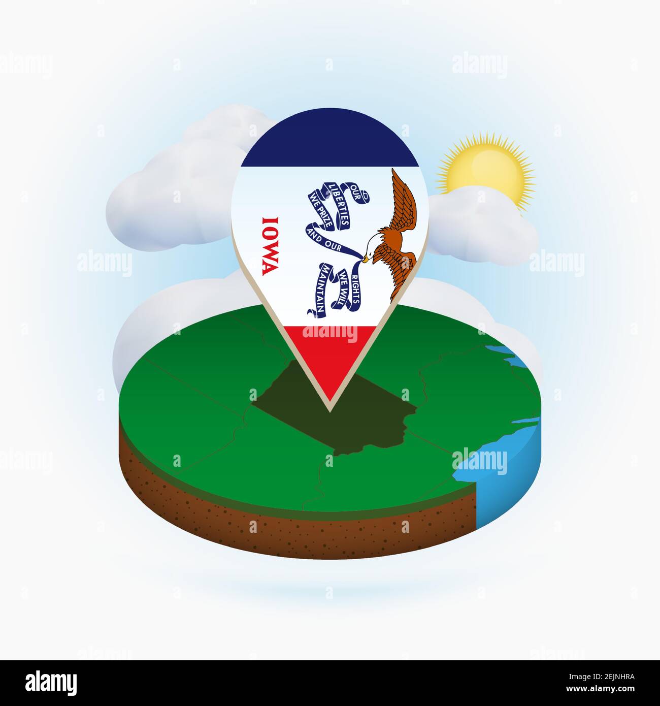 Isometric round map of US state Iowa and point marker with flag of Iowa ...