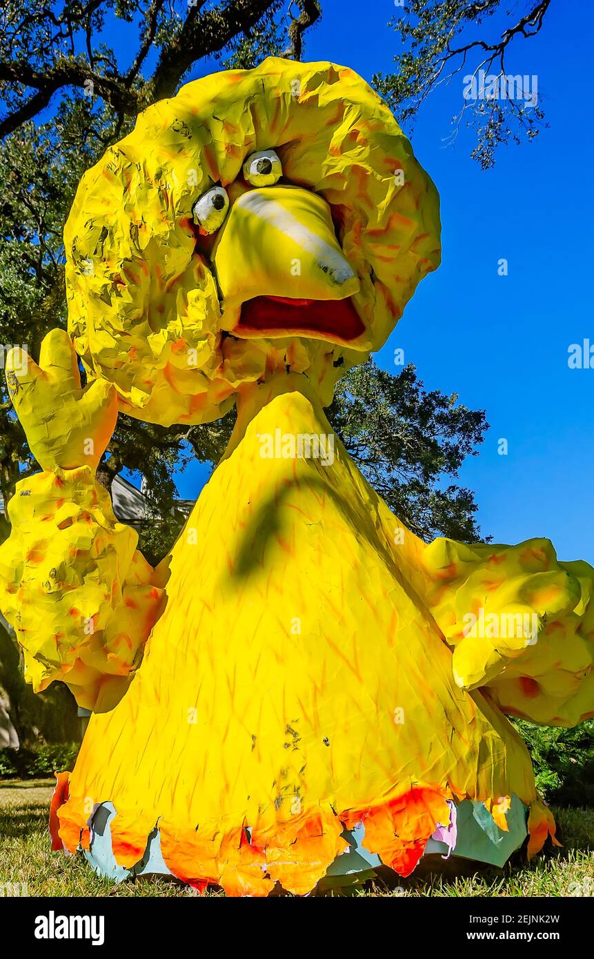 A Big Bird Mardi Gras decoration stands in a yard on Government Street, Feb. 19, 2021, in Mobile, Alabama. Stock Photo