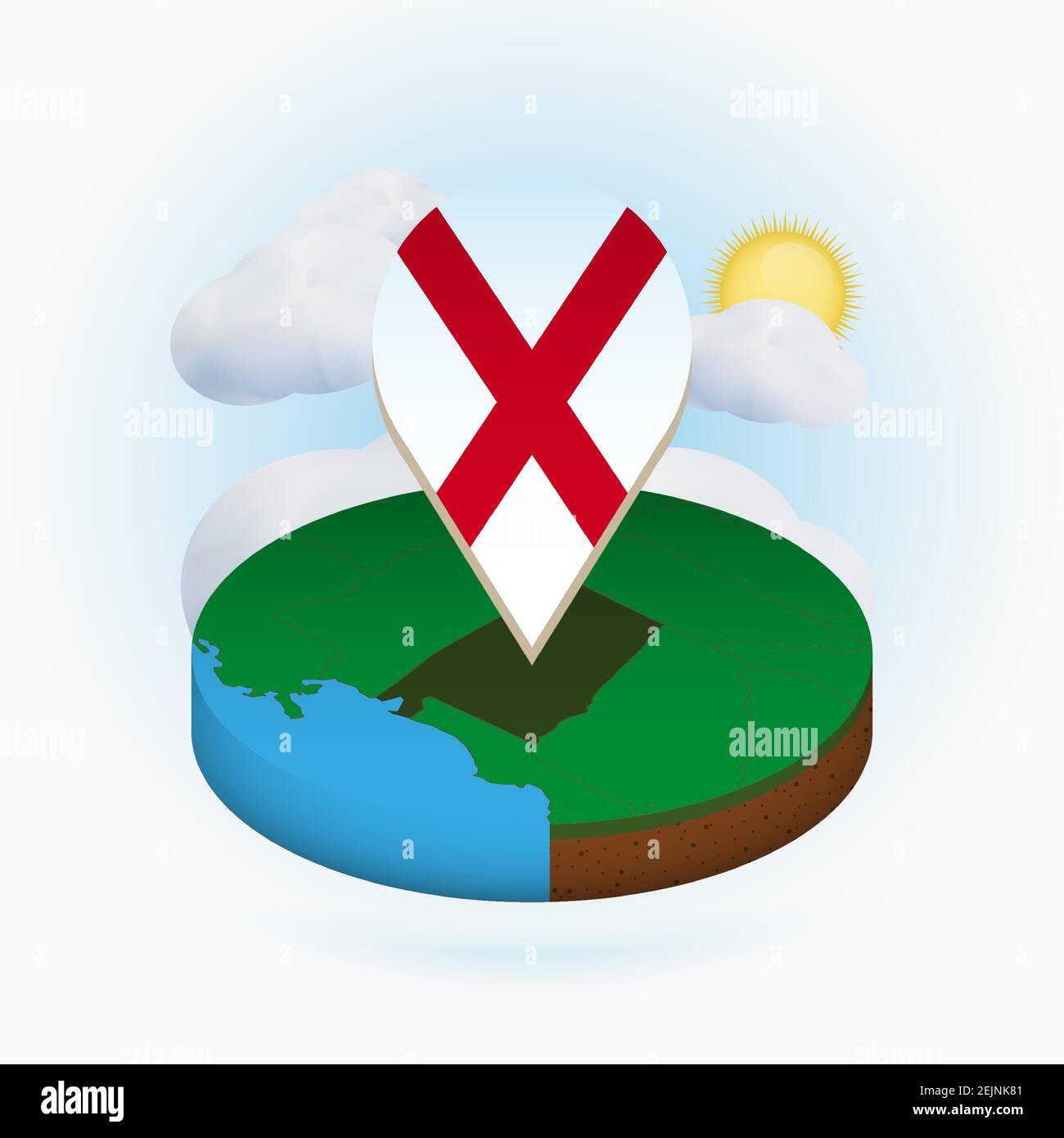 Isometric round map of US state Alabama and point marker with flag of ...