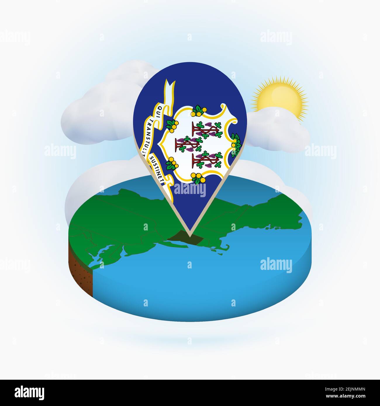 Isometric round map of US state Connecticut and point marker with flag ...