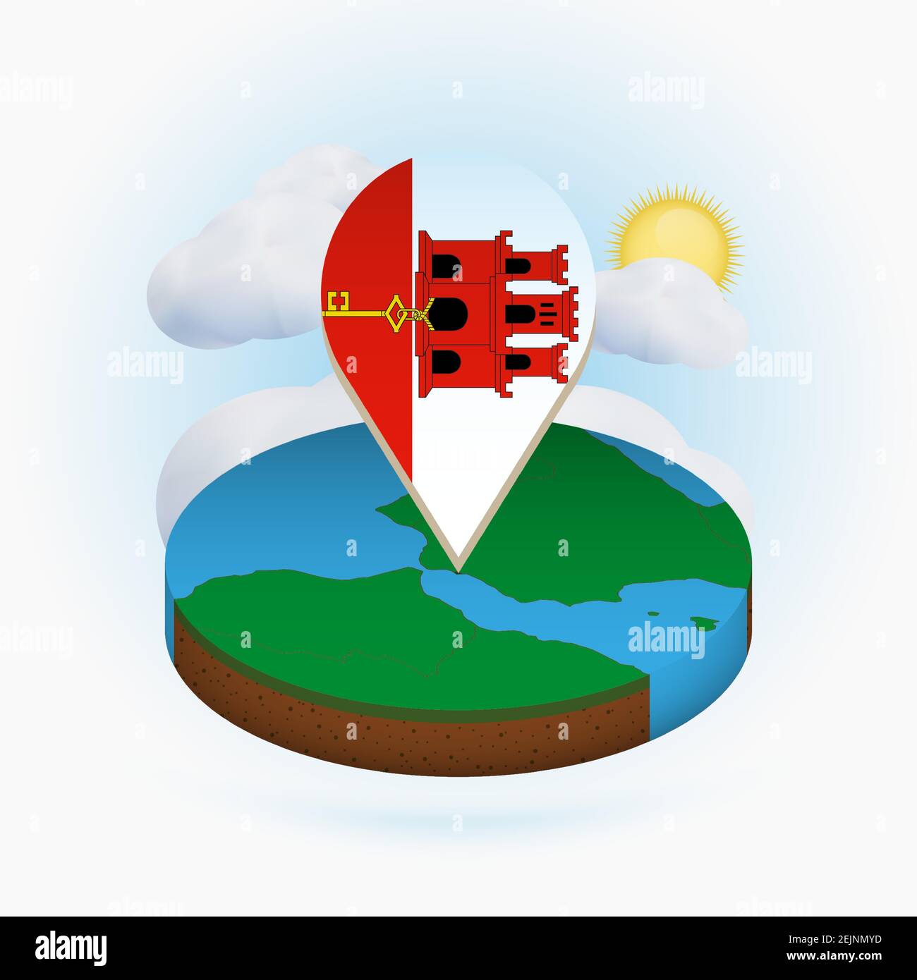 Isometric round map of Gibraltar and point marker with flag of