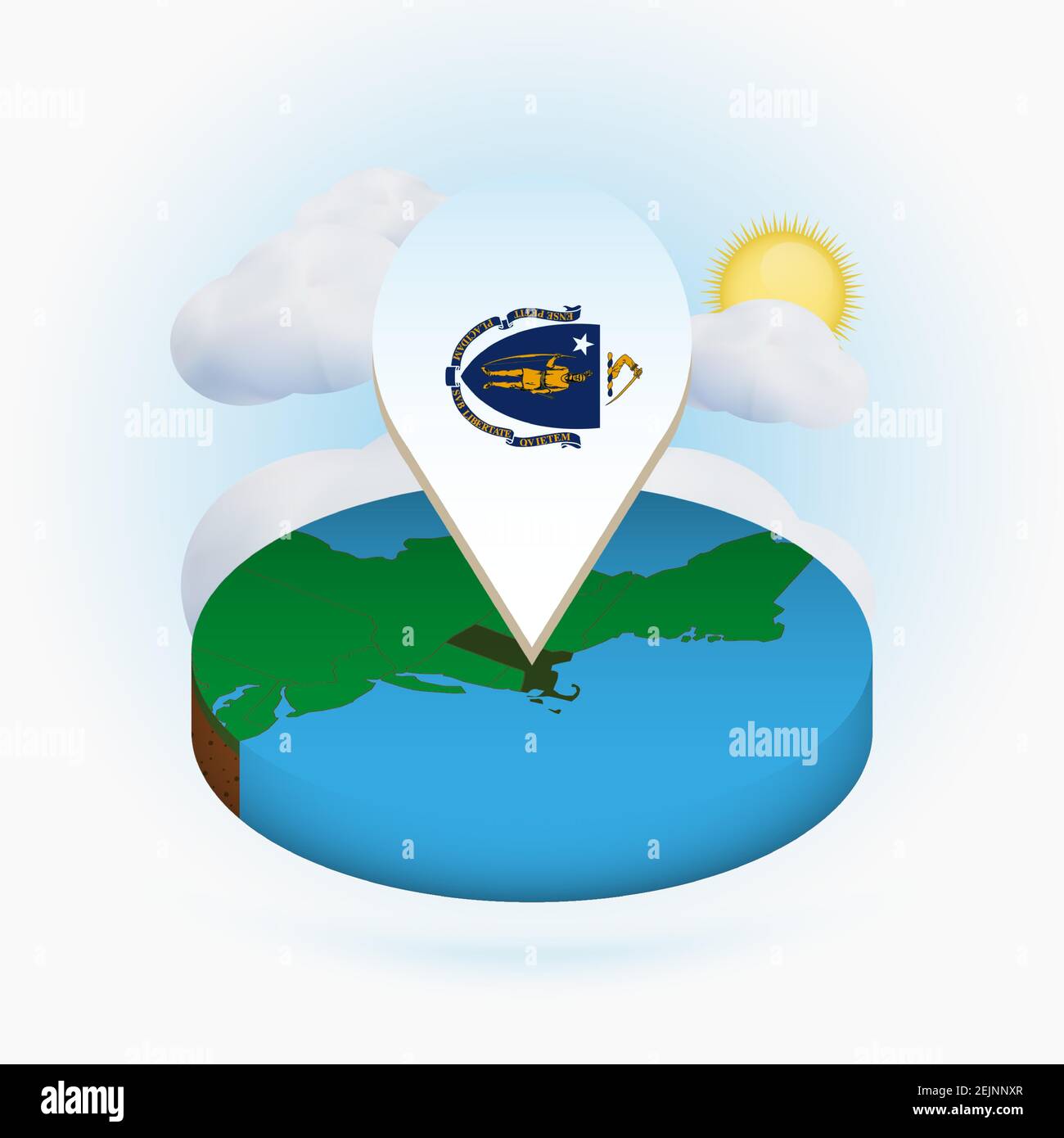 Isometric round map of US state Massachusetts and point marker with ...