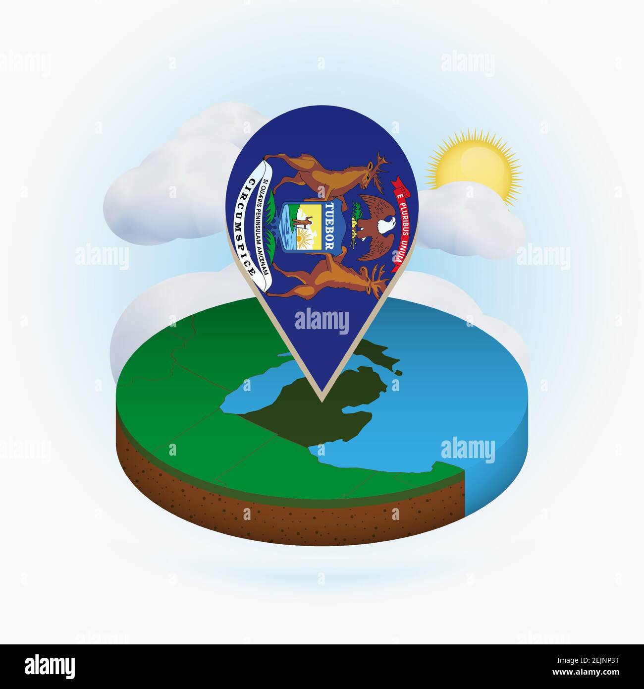 Isometric round map of US state Michigan and point marker with flag of ...
