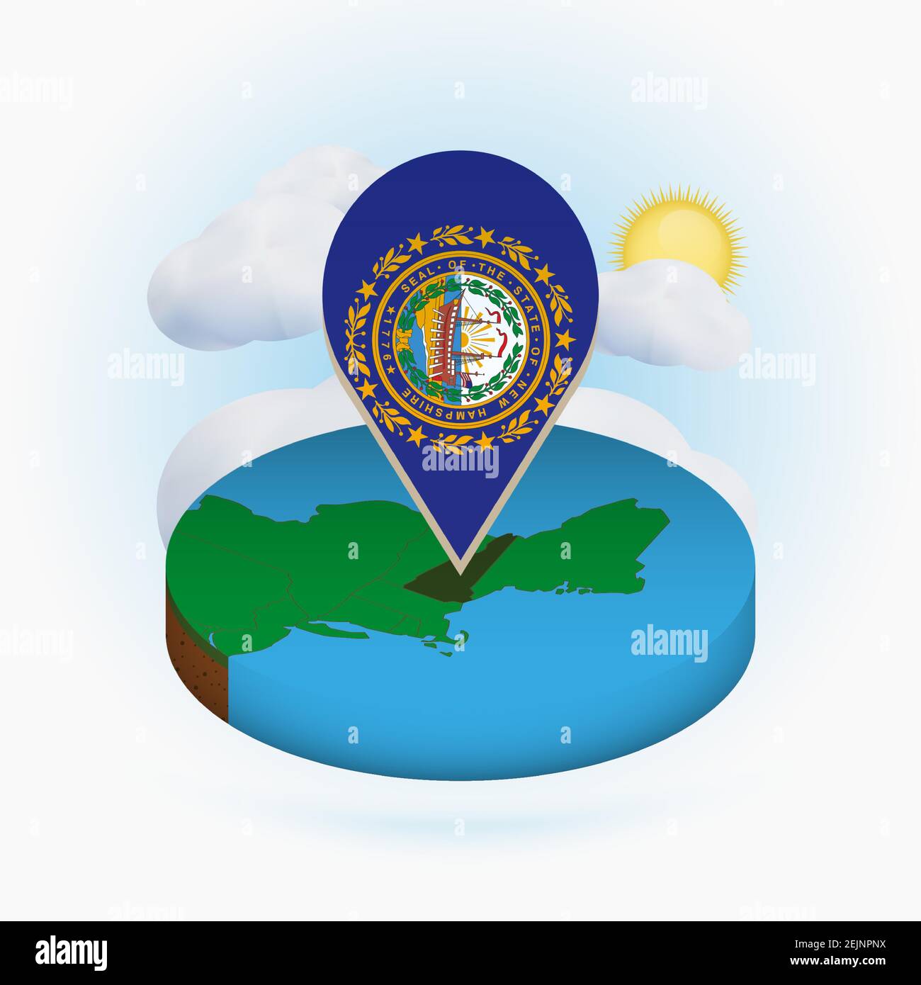 Isometric round map of US state New Hampshire and point marker with ...