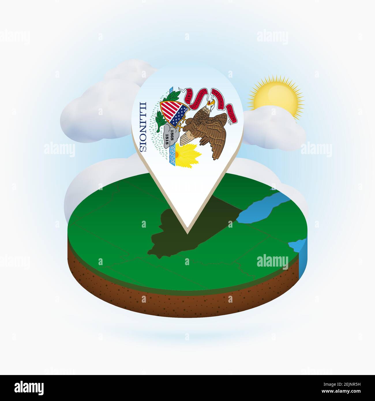 Isometric round map of US state Illinois and point marker with flag of ...