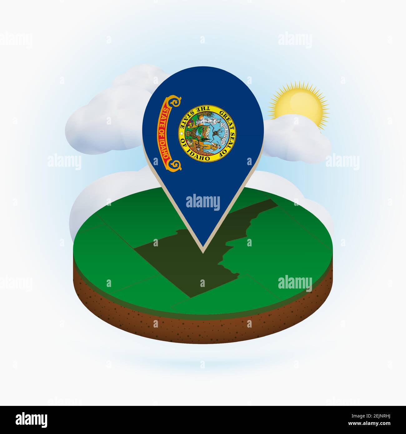 Isometric round map of US state Idaho and point marker with flag of ...