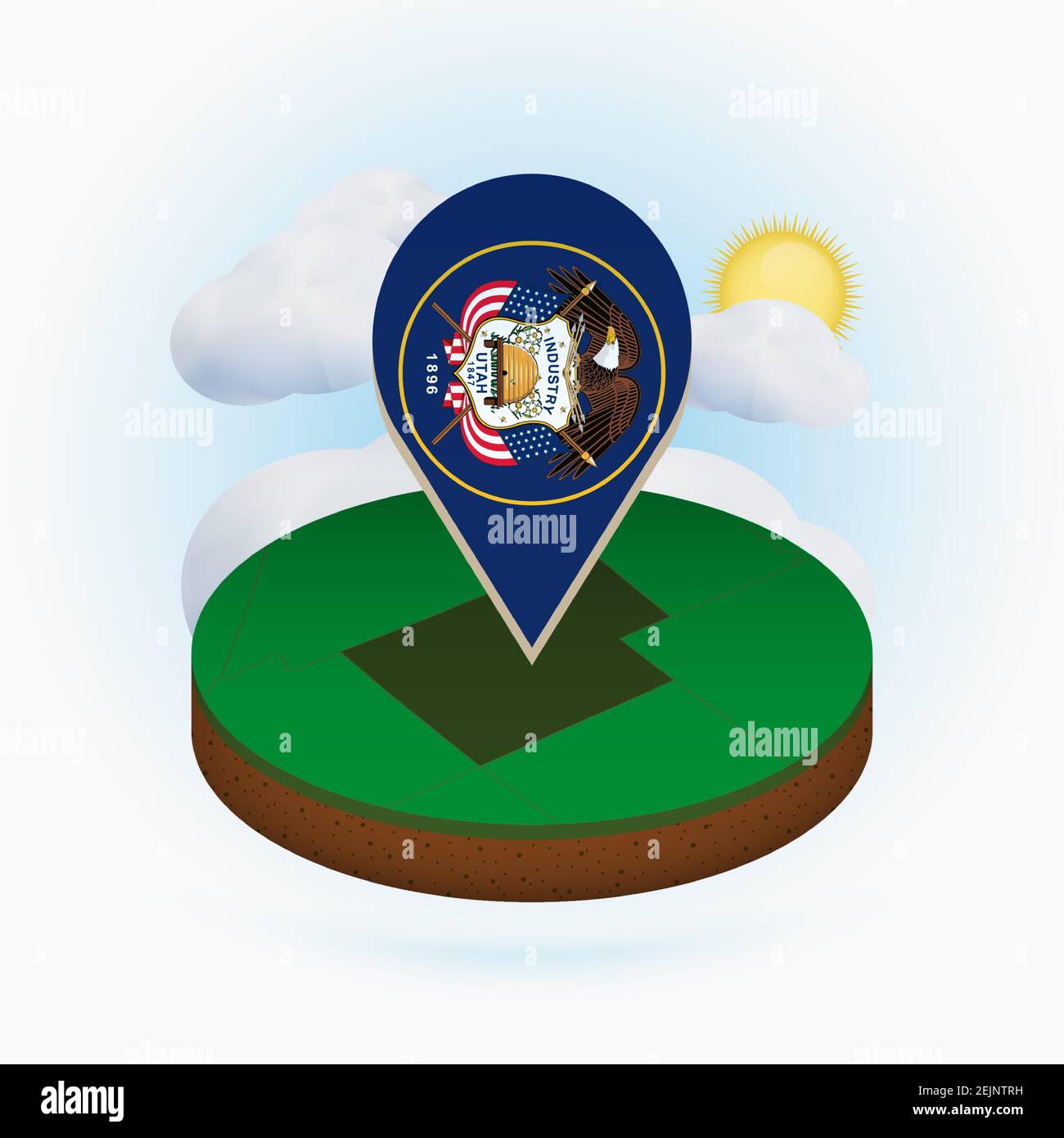 Isometric round map of US state Utah and point marker with flag of Utah ...