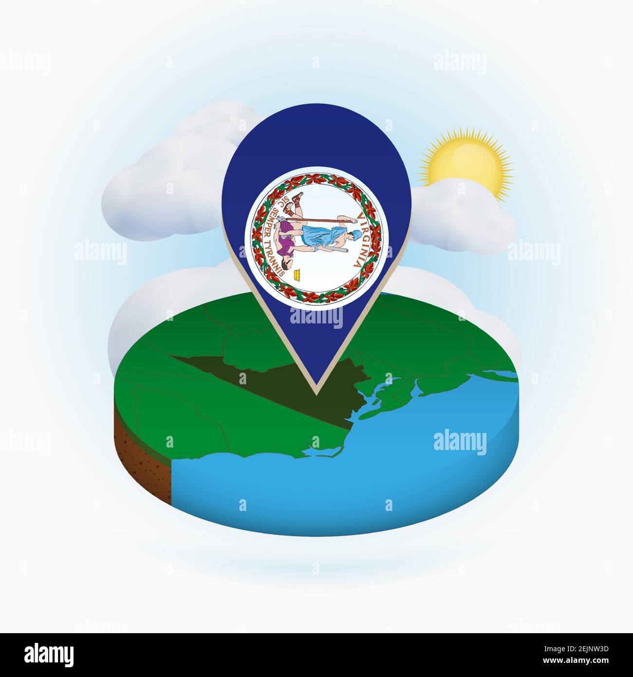 Isometric round map of US state Virginia and point marker with flag of ...
