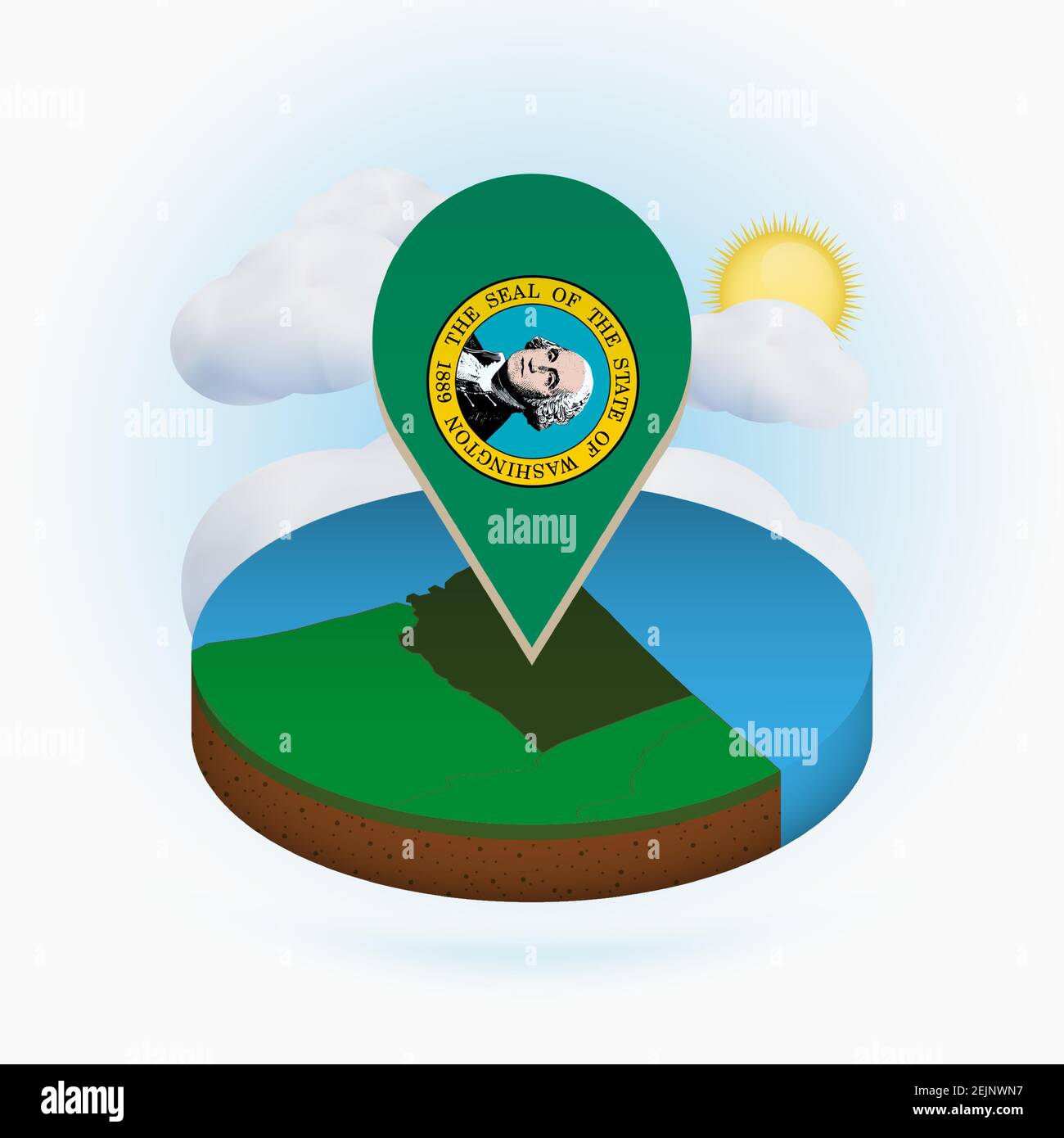 Isometric round map of US state Washington and point marker with flag ...