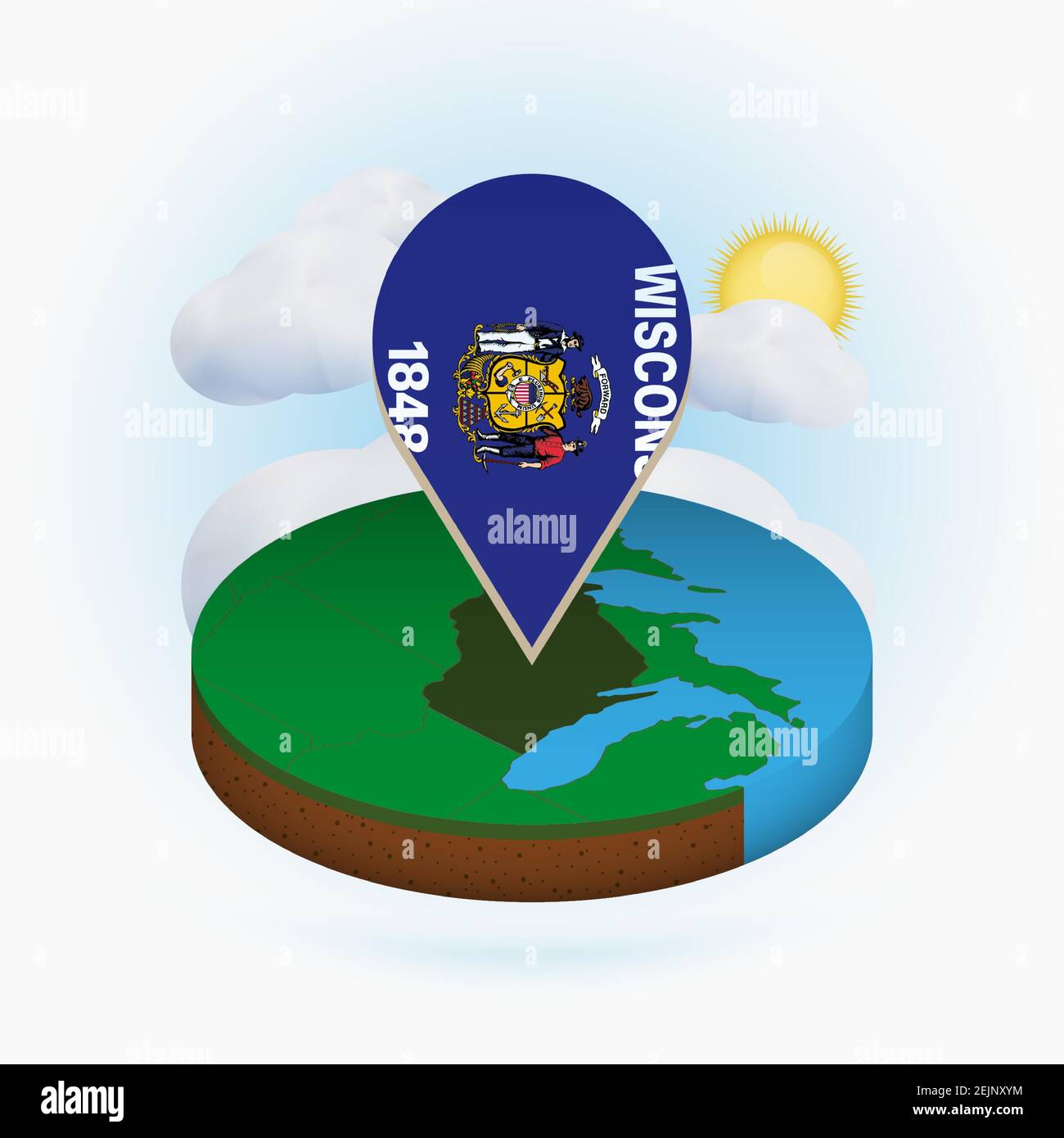 Isometric round map of US state Wisconsin and point marker with flag of ...