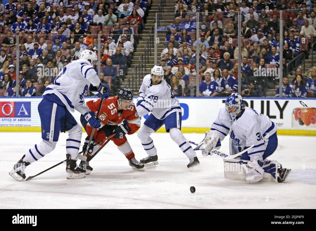 Toronto Maple Leafs goalie Frederik Andersen (31), with help from Martin Marincin (52) and Calle Rosen (48), defend against the Florida Panthers' Noel Acciari (55) during the second periodÂ at the BB&T Center in Sunrise, Fla., on Thursday, Feb. 27, 2020. (David Santiago/Miami Herald/TNS) Stock Photo