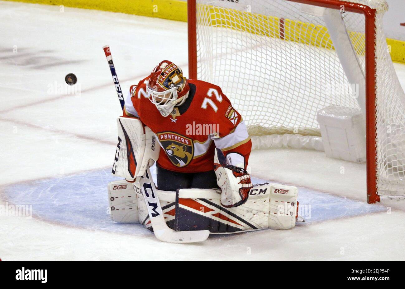 Florida Panthers goalie Sergei Bobrovsky (72) makes a save during the third periodÂ against the Toronto Maple Leafs at the BB&T Center in Sunrise, Fla., on Thursday, Feb. 27, 2020. The Maple Leafs won, 5-3. (David Santiago/Miami Herald/TNS) Stock Photo