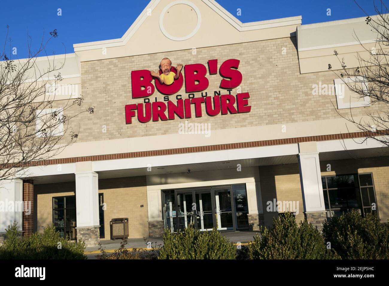 A logo sign outside of a Bob's Furniture retail store location in Waldorf, Maryland, on February