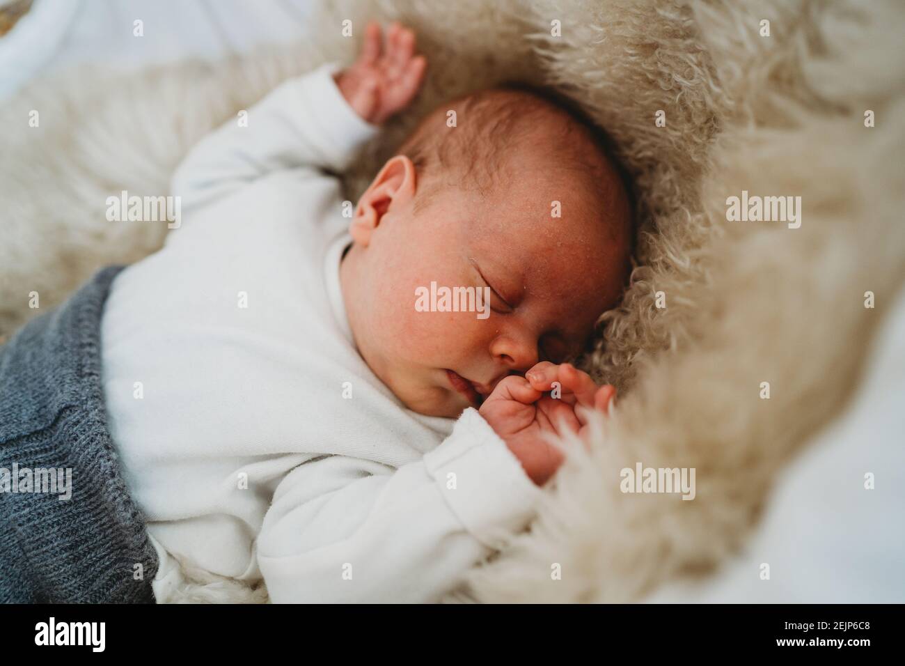 Adorable white newborn baby sleeping in Moses basket with cozy rug