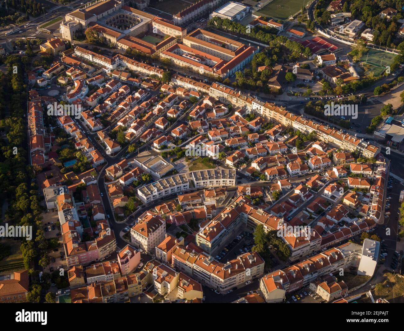 Aerial view of traditional residential neighbourhood at sunrise in the Belem District of Lisbon, Portugal. Stock Photo