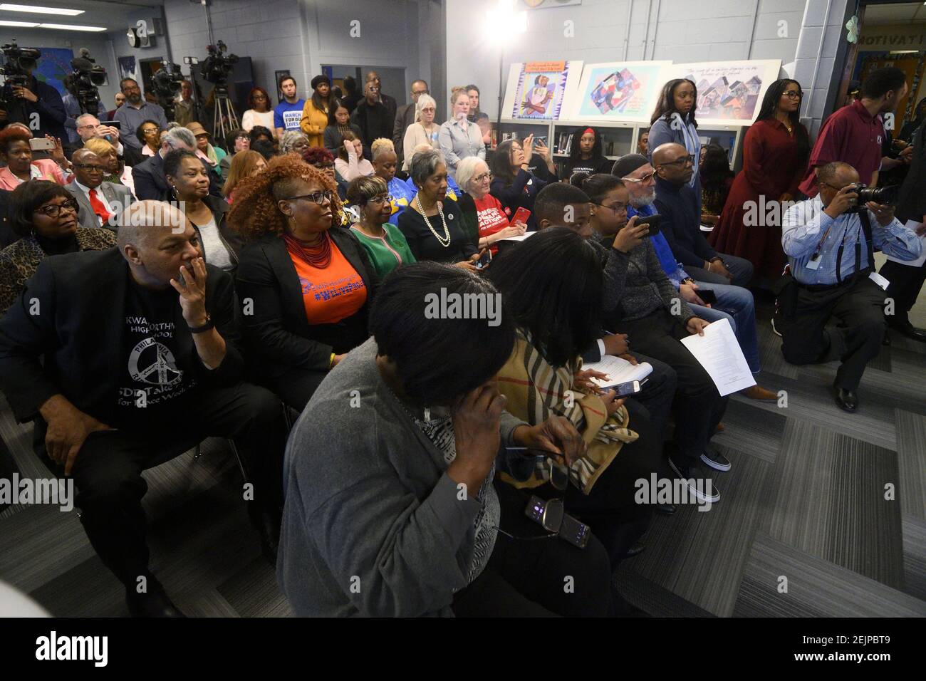 Gun Violence activist, community members and students listen to elected officials at a gun violence reduction event with local and state lawmakers at Parkway Northwest High School, in Philadelphia, PA, on February 28, 2020. (Photo by Bastiaan Slabbers/Sipa USA) Stock Photo