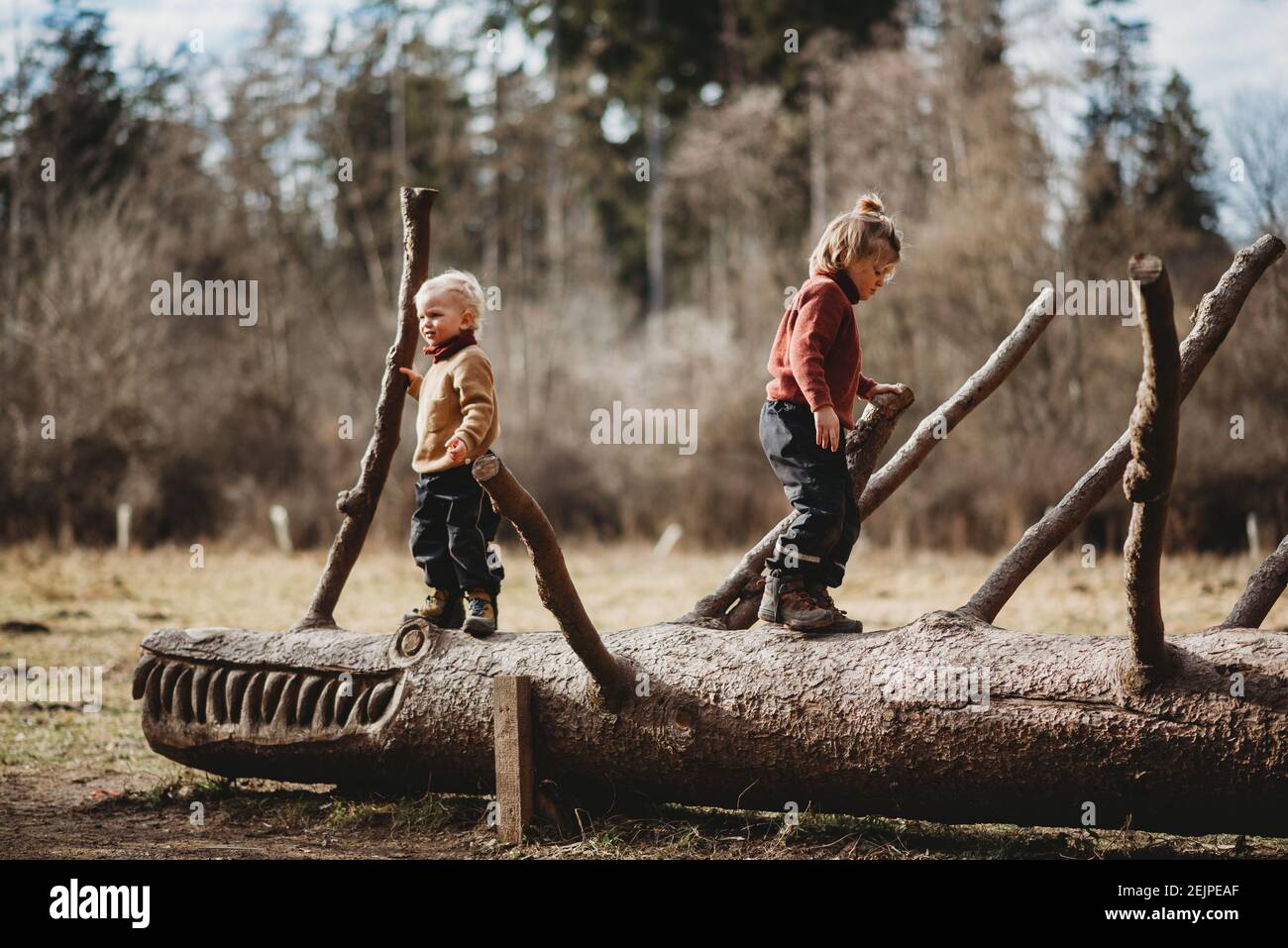 Brothers walking on a sculpted log in the forest on a sunny winter day Stock Photo