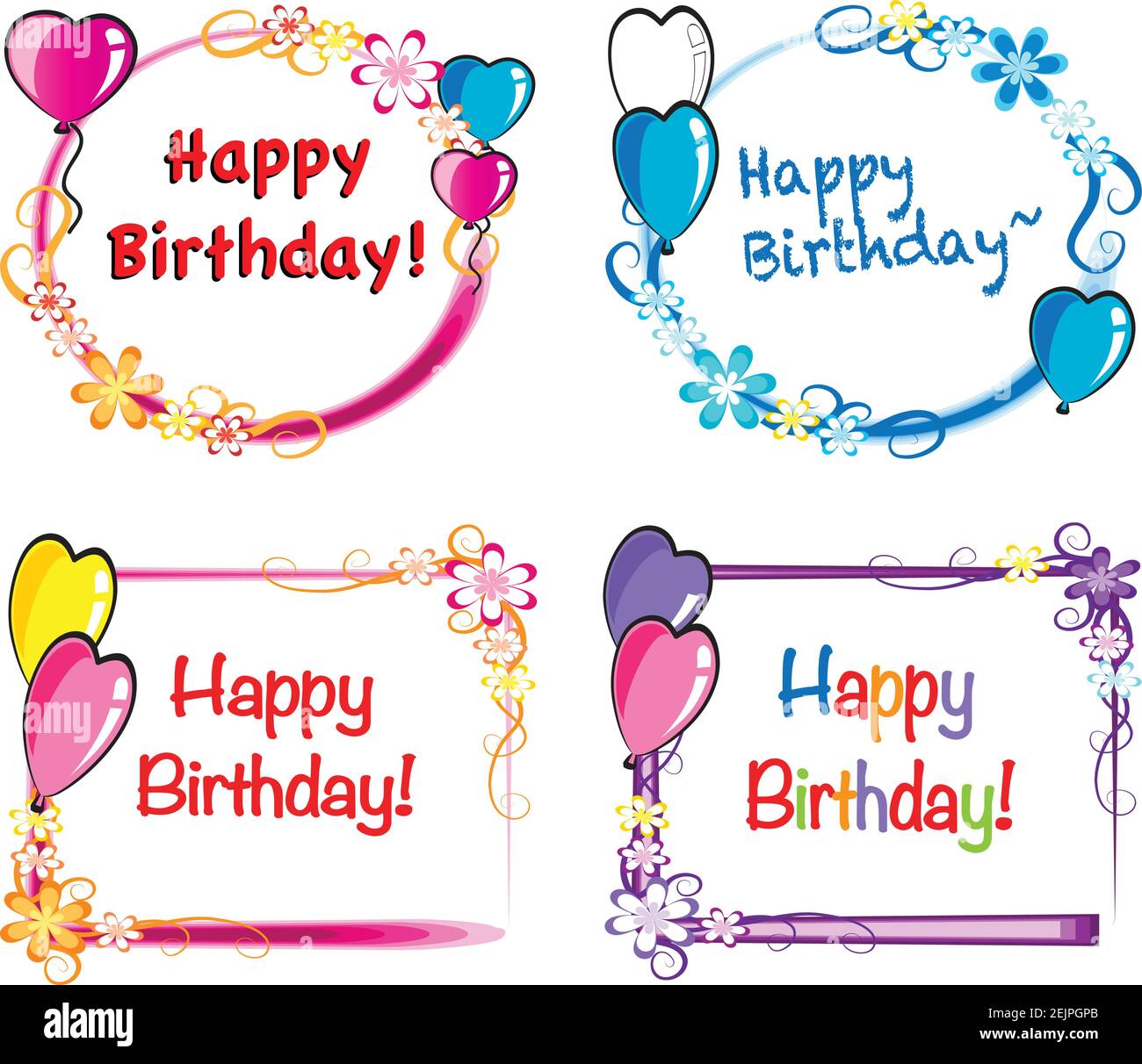 vector happy birthday balloons and flowers card set Stock Vector Image
