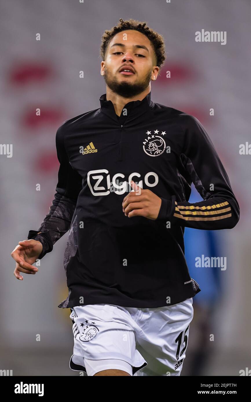 LILLE, FRANCE - FEBRUARY 18: Devynde Rensch of Ajax before the UEFA Europa League match between Lille OSC and Ajax at Stade Pierre Mauroy on February Stock Photo