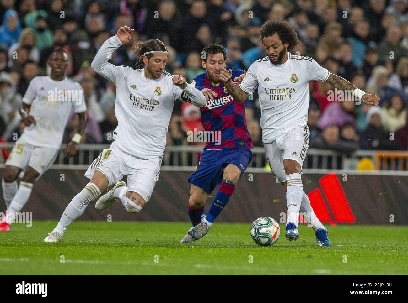 Sergio Ramos L Lionel Messi C And Marcelo Vieira R In Action During The Spanish La Liga Match Round 26 Between Real Madrid And Fc Barcelona At Santiago Bernabeu Stadium In Madrid