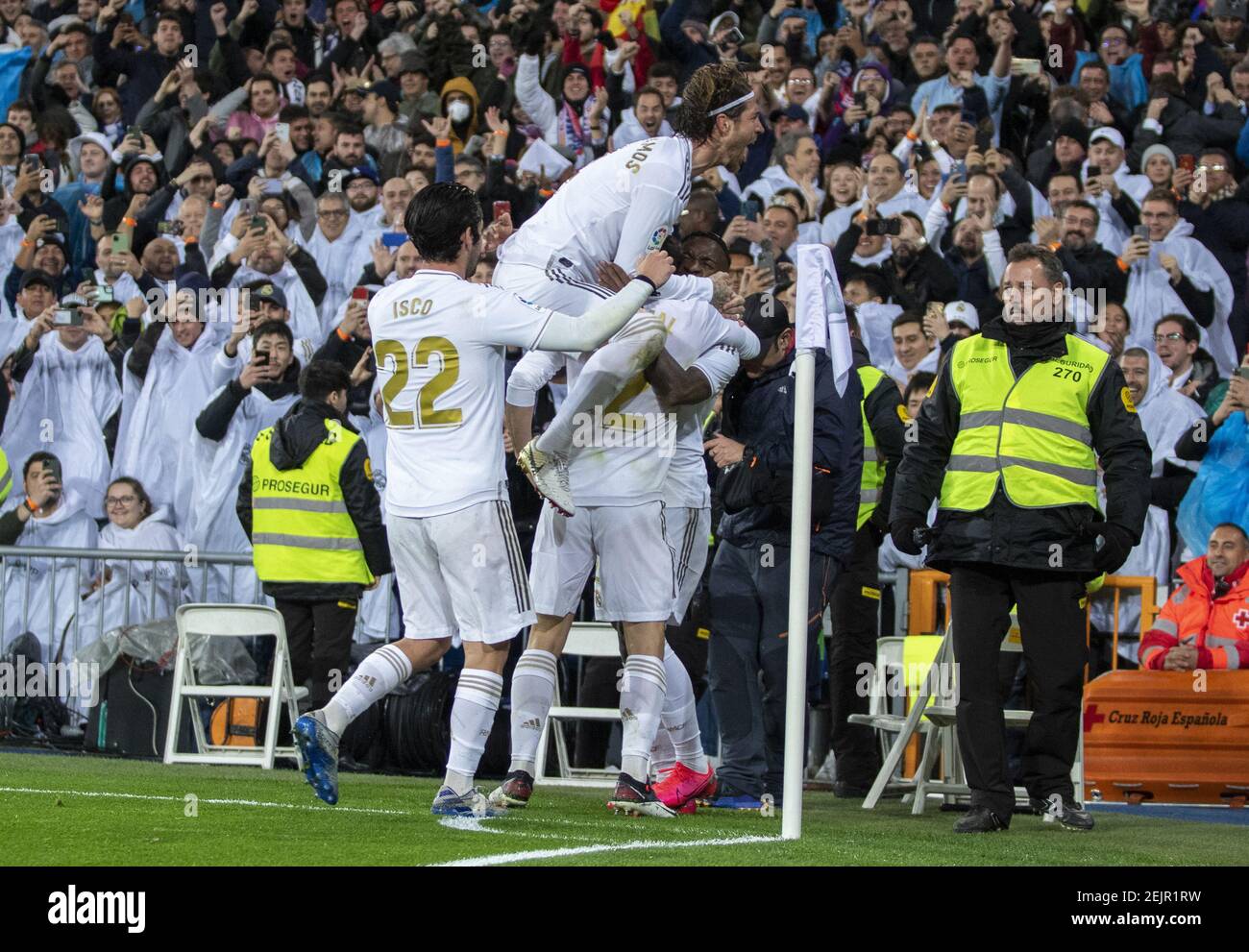 Real Madrid team players celebrate a goal during the Spanish La Liga match  round 26 between Real Madrid and FC Barcelona at Santiago Bernabeu Stadium  in Madrid. Final score: Real Madrid 2-0