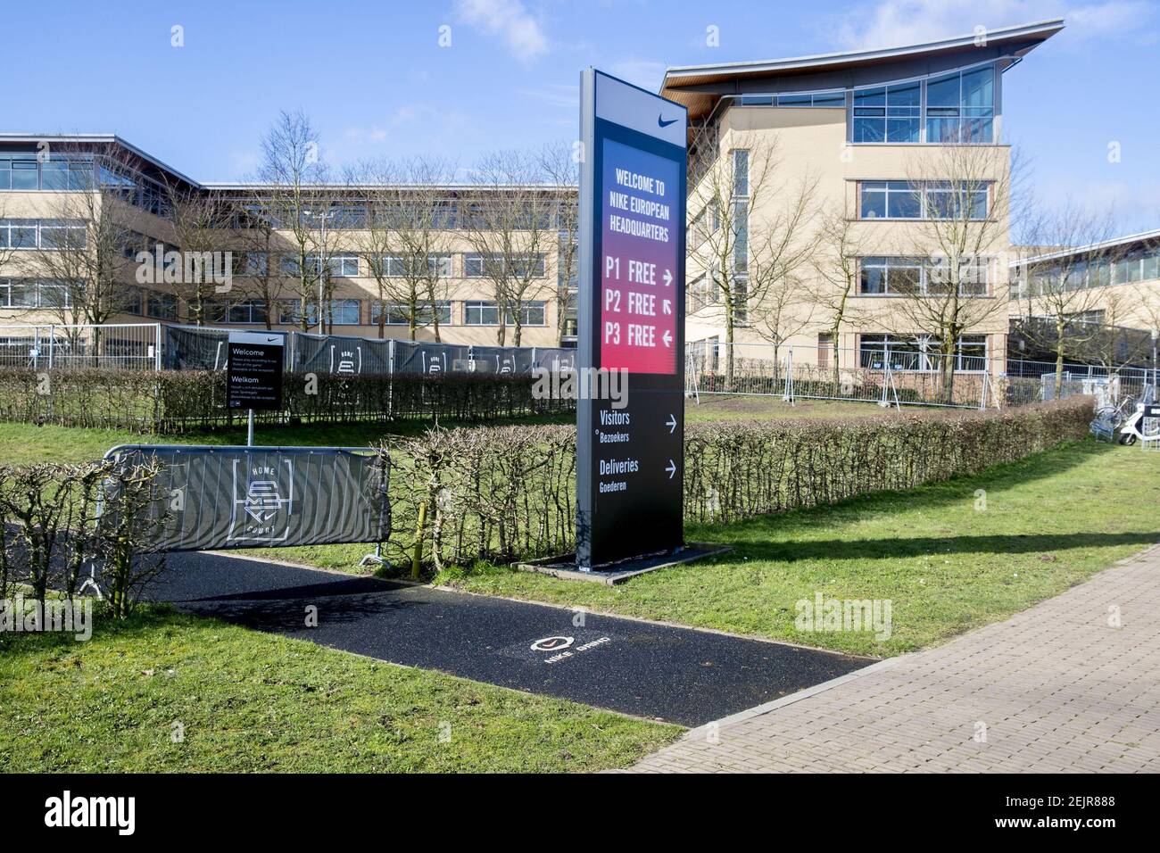 HILVERSUM, Sportpark, 03-03-2020, European headquarters Nike closed due to corona contamination. Exterior of the Nike European Headquarters. The office of the sports brand the doors closed for two days for a