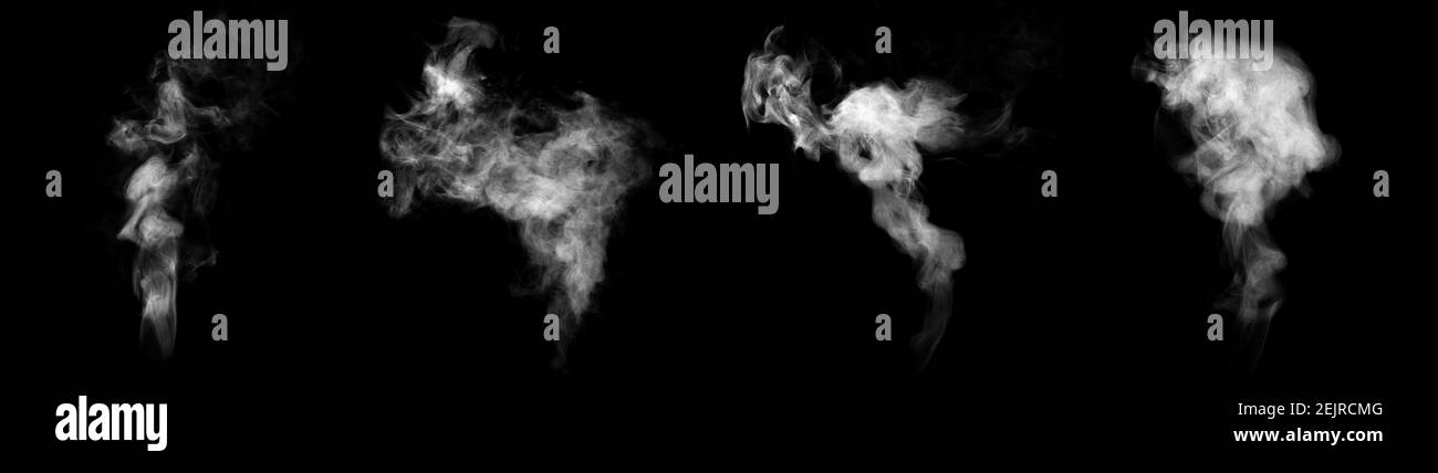 Set of streams of steam isolated on black background. Stock Photo