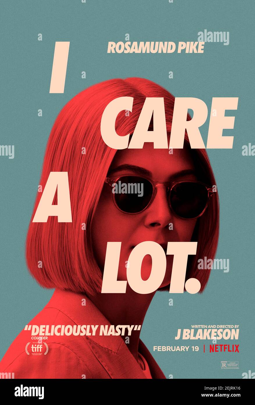 I Care a Lot (2020) directed by J Blakeson and starring Rosamund Pike, Peter Dinklage and Eiza González . A crooked legal guardian who drains the savings of her elderly wards meets her match when a woman she tries to swindle turns out to be more than she first appears. Stock Photo