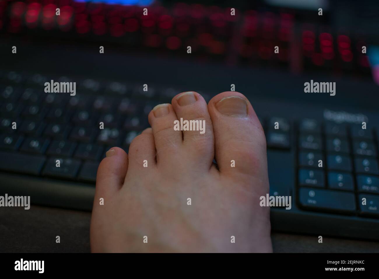 Foot in front of a keyboard with webbed toes Stock Photo Alamy