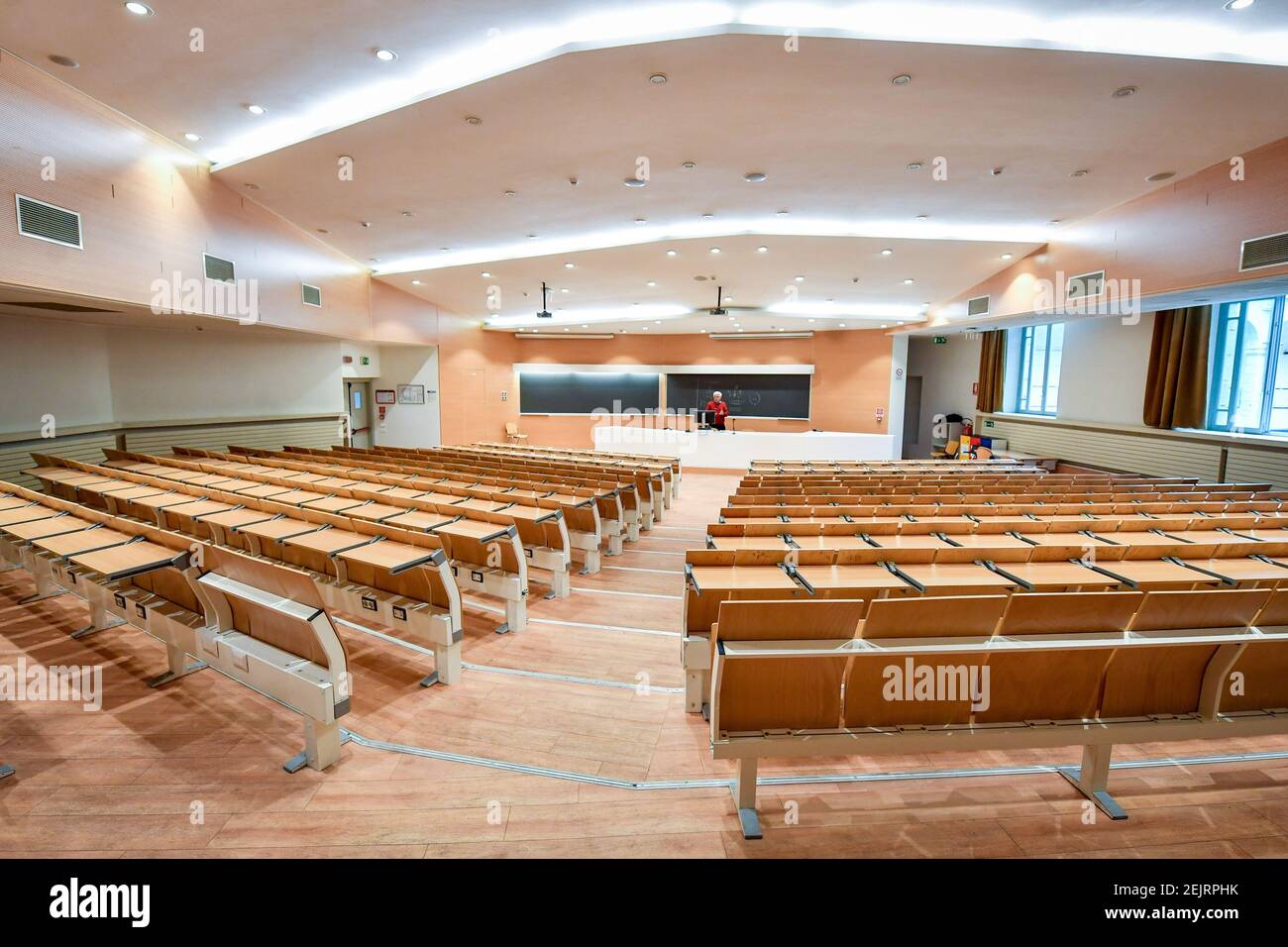 An hydraulics professor from Milan Polytechnic in an empty classroom  teaching a lesson via webcam to comply with the new measures against the  spread of coronavirus in Milan, Italy on Mar. 5,