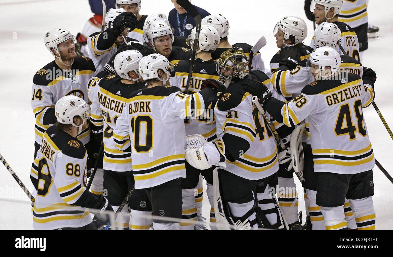 Boston Bruins players celebrate a 2-1 overtime win against the Florida Panthers at the BB&T Center in Sunrise, Fla., on Thursday, March 5, 2020. (David Santiago/Miami Herald/TNS) Stock Photo