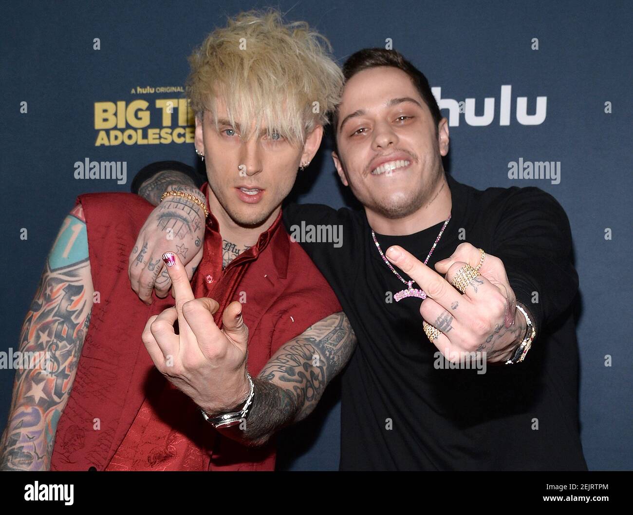 L R Rapper Machine Gun Kelly Colson Baker And Comedian Pete Davidson Attend The Premiere Of Hulu S Big Time Adolescence At Metrograph In New York Ny March 5 Photo By Anthony Behar Sipa