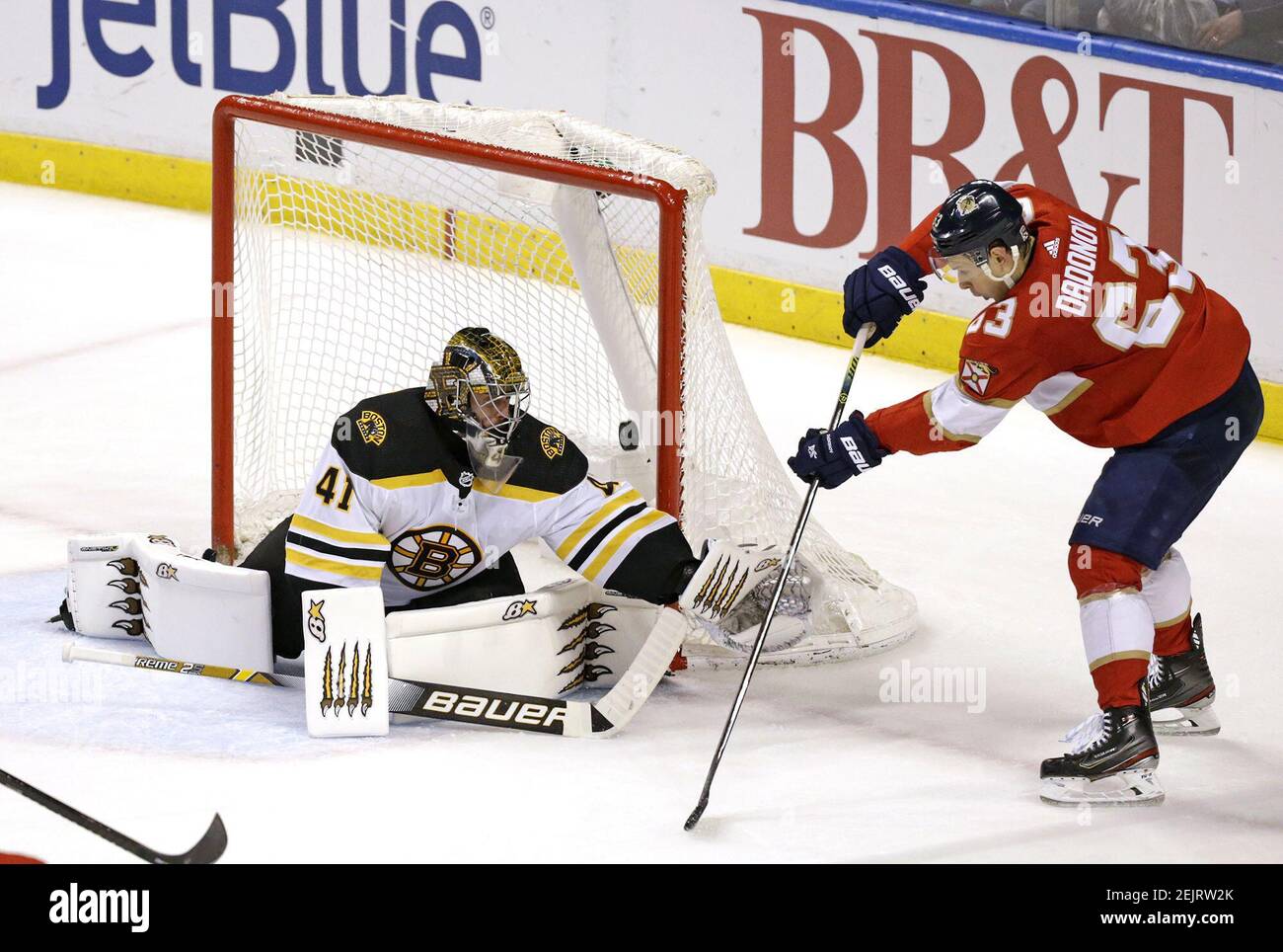 Boston Bruins goalie Jaroslav Halak (41) makes a save against the Florida Panthers' Evgenii Dadonov (63) during the second periodÂ at the BB&T Center in Sunrise, Fla., on Thursday, March 5, 2020. The Bruins won, 2-1, in overtime. (David Santiago/Miami Herald/TNS) Stock Photo