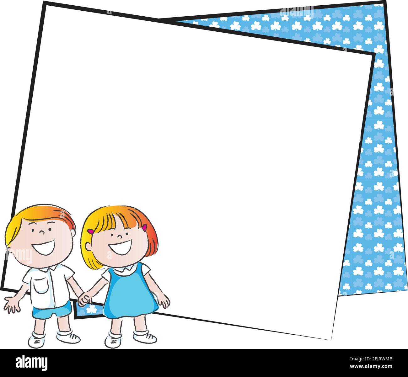 vector cartoon boy and girl hold card border frame background Stock ...
