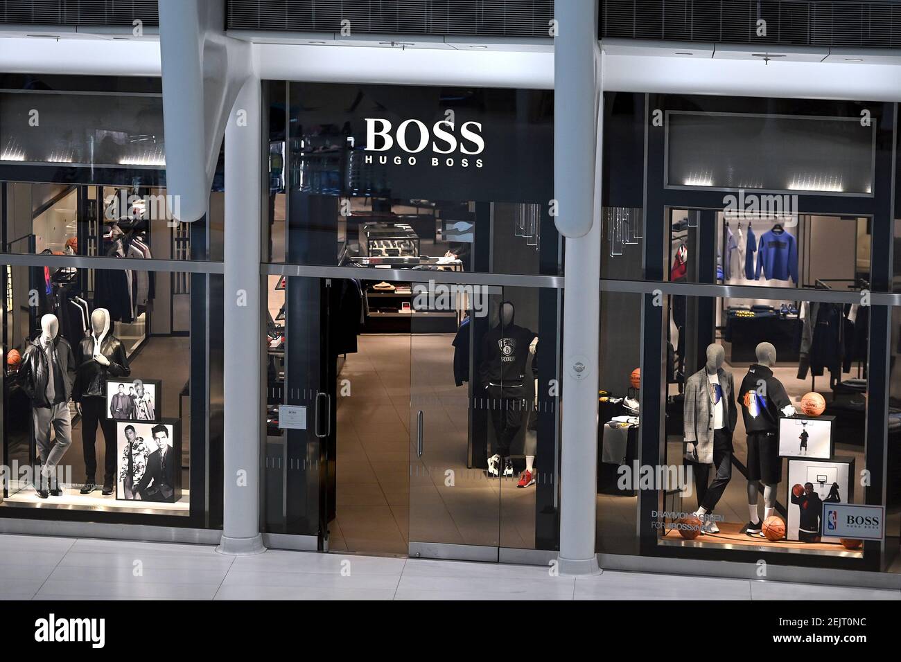 New York, USA. 22nd Feb, 2021. German luxury fashion house Hugo Boss store  at the Westfield Mall WTC in New York, NY, February 22, 2021. British and  Italian Fashion Week shows are