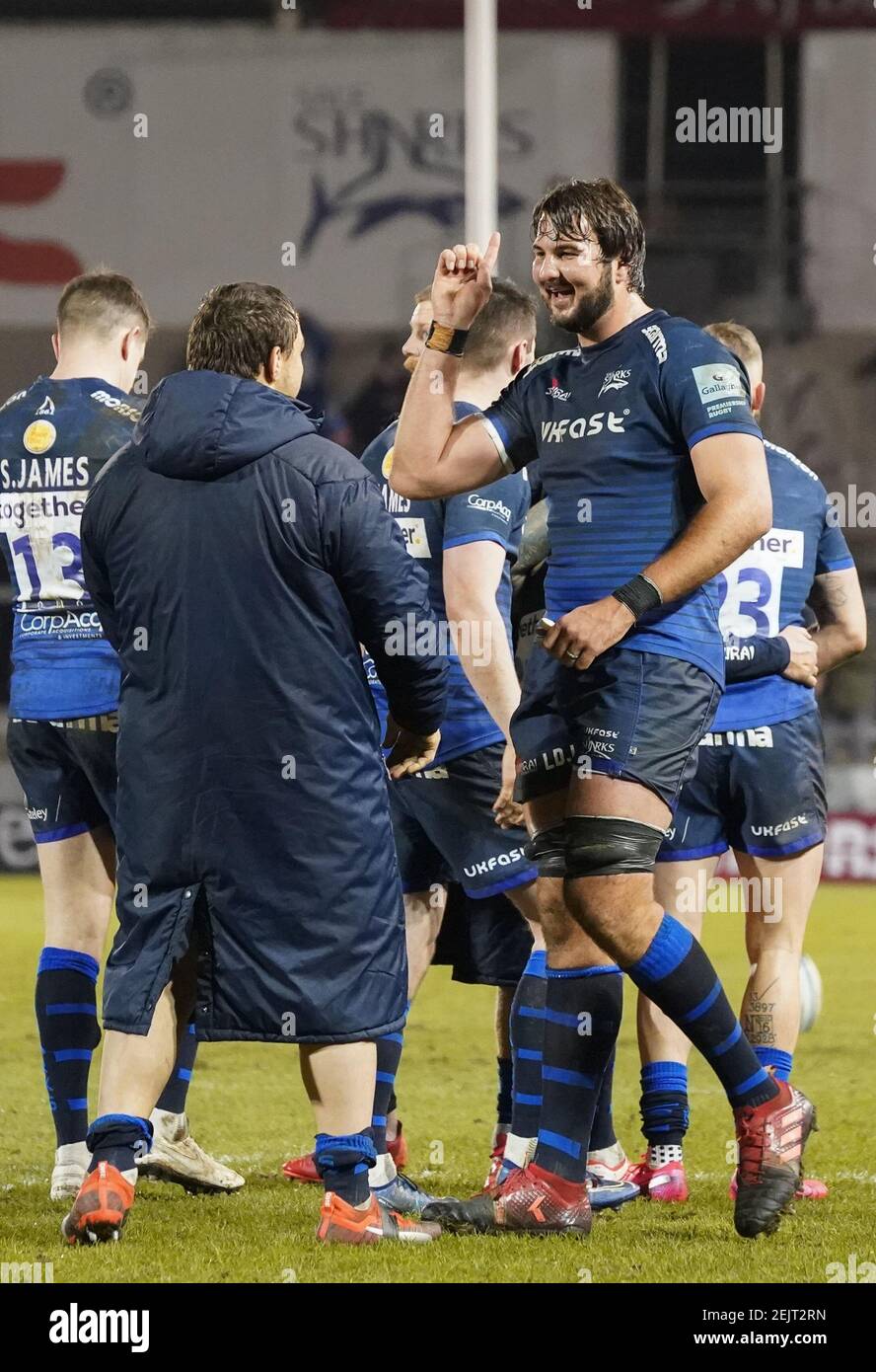 Sale Sharks Lood De Jager celebrates with prop Coenie Oosthuizen after a Gallagher Premiership Rugby Union match won by Sharks 39-0, Friday, Mar. 6, 2020, in Eccles, United Kingdom. (Photo by IOSESPA/Cal Sport Media/Sipa USA) Stock Photo