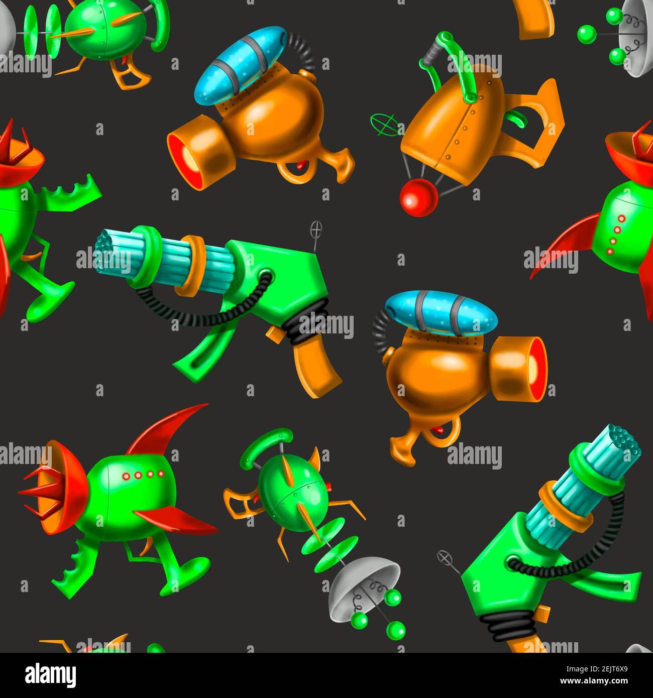 Set of cartoon retro space blasters, beam guns, laser weapons, pattern